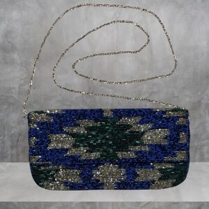 Vintage Beaded Crossbody Clutch Bag Purse Blue Green Metallic Silver